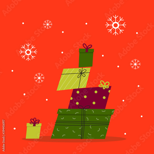 Template design for christmas sale with stacked gift boxes in colors of Christmas and snowflakes.Merry Xmas and Happy New Year.Design of holiday discount sale greeting cards flyers.Vector illustration
