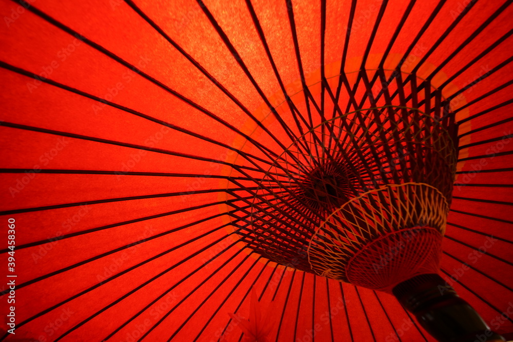 Kyoto,Japan-November 22,2020: A Japanese traditional red bamboo‐and‐paper umbrella or Karakasa or Bankasa
