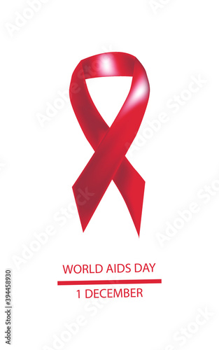 Red ribbon isolated on white. December 1st. Aids day. Center ribbon with an inscription. Suitable for specialized literature.