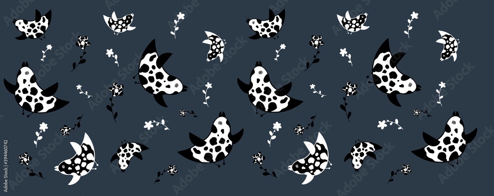 Illustration with birds and flowers, pattern for decor and design