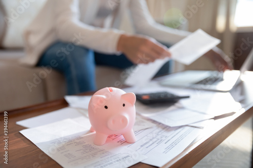 Earning and saving. Close up of cute piggybank standing on home office desk littered with documents while unknown young female dealing with papers using computer and calculator on blurred background