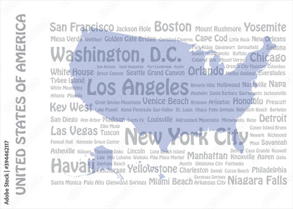Travel to USA concept with blank map of USA and names of American cities and landmarks in the background.