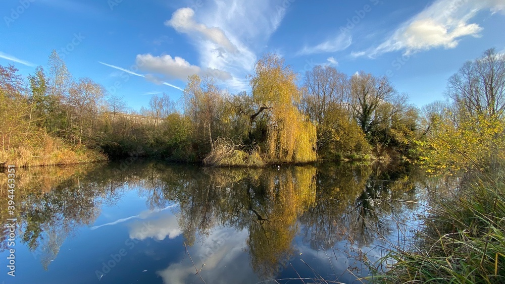 Park canal in a beautiful sunny autumn day with trees and cloud reflecting on the calm, still water, scenic nature landscape, beautiful nature, blue sky and water.