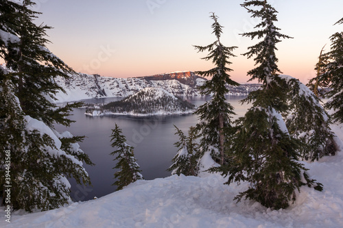 Beautiful sunset view at Crater Lake in winter. Crater Lake National Park, Oregon, USA  photo