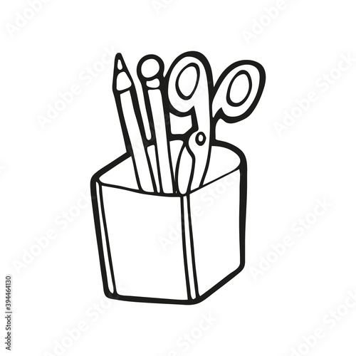 Cute hand drawn pencil holder with pencils and scissors on white background. Funny element in doodle style for card, social media banner, logo, sticker, decoration kids playroom. Vector illustration