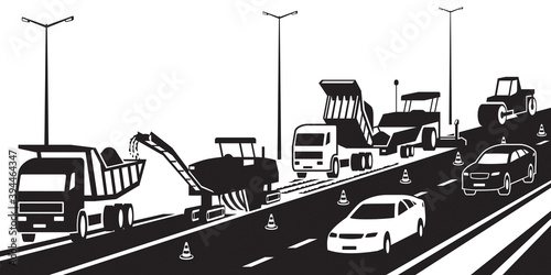 Repair of a highway in traffic – vector illustration
