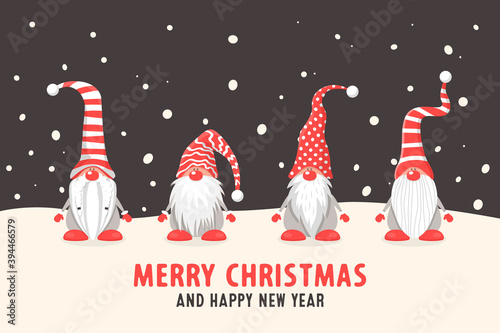 Merry Christmas Postcard. Four Vector Christmas Cute Gnomes with Red Caps in Flat Style on Dark Background. Dwarfs Design Template for Merry Christmas and Happy New Year Card. Cartoon Kids Characters