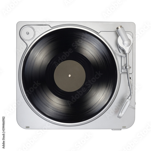 Turntable with long play or LP vinyl record isolated on white.