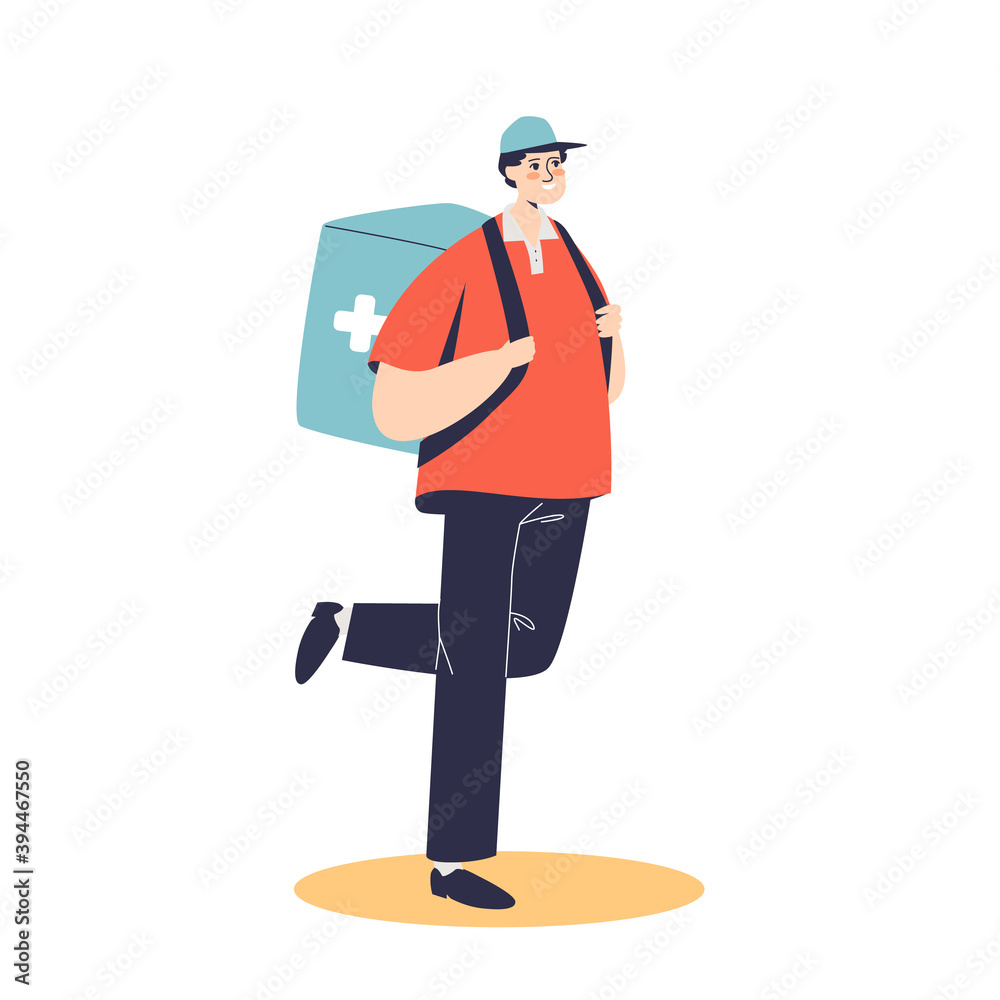 Courier man delivering drugs from drugstore. Ordering medicines and pharmacy delivery concept