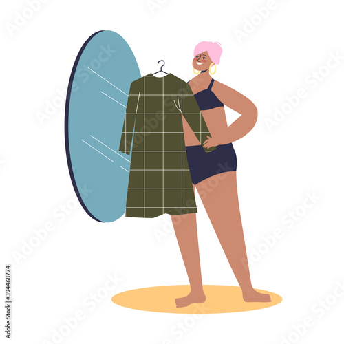 Beautiful plus size woman model trying dress in front of mirror. Cute curvy female cartoon character