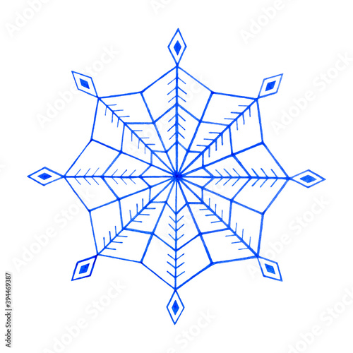 Watercolor blue snowflake. Design element for greet card and ets.