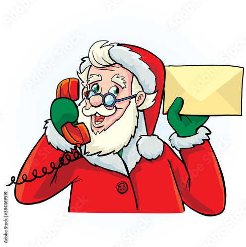 Santa Claus with a telephone receiver and an envelope in his hand
