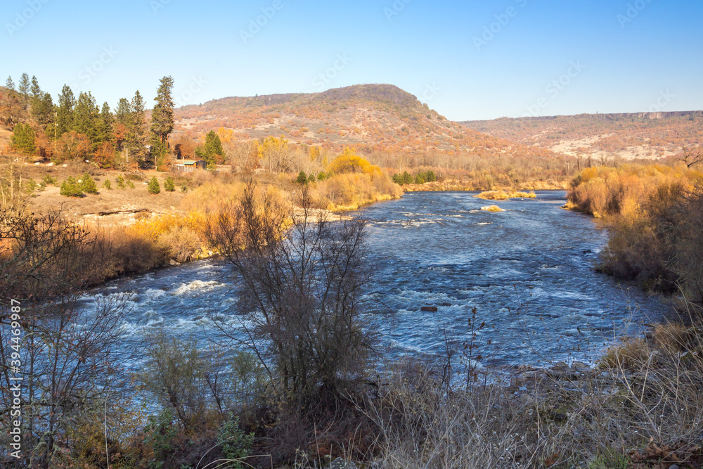 Beautiful river landscape in late autumn. Location Rogue river, Gold Hill, Oregon