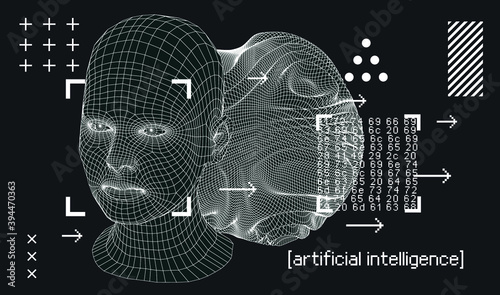 Silhouette of 3d low poly human head. Concept of Artificial intelligence and Neural Network.