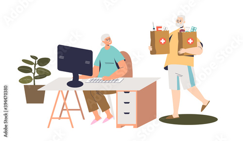 Senior couple order and receive medicines online using computer. Pharmacy delivery concept