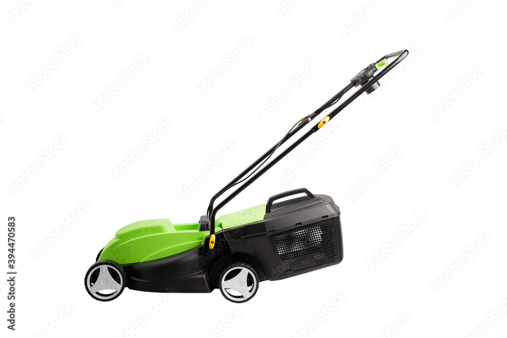 Green lawn mower with wheels, side view Stock Photo | Adobe Stock