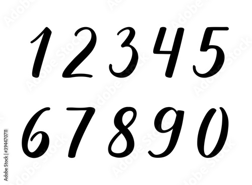 Number 1, 2, 3,  4, 5, 6, 7, 8, 9, 0 handwritten lettering modern brush calligraphy. The figures is beautifully and carefully drawn by hand. Black digits with thick and thin lines on white background.