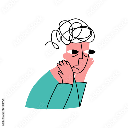 Vector illustration image of alarmed, concerned with men under stress. Symbol confusion thoughts is shown in form of tousled, tangled hair on head, frightened look. Concept mental health, emotions.