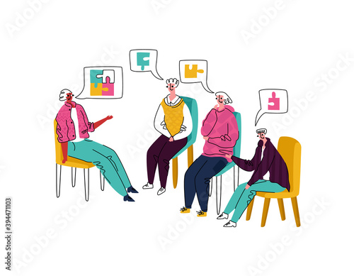 Vector illustration group psychotherapy session among men. Here they share problems, everyone solves them for themselves with help psychotherapist. This is shown symbolically in form assembled puzzle.