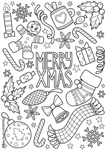 Doodle coloring book page merry christmas pattern. Antistress for adult