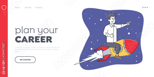 Self Development, Business Success, Career Boost, Start Up and Growth Landing Page Template. Businessman Fly on Rocket