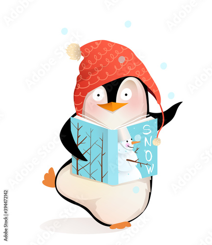 Happy Penguin reading book story about snowman and winter holidays, cute smiling children character Christmas greetings. Vector cartoon illustration for kids.