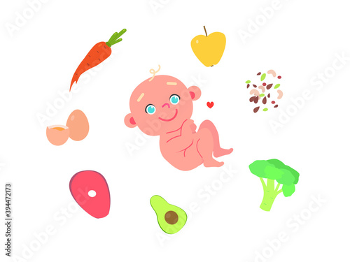 Cute little baby with isolated fruits, vegetables, eggs and nuts. Beginning of complementary foods for the baby. Suckling led weaning first foods.