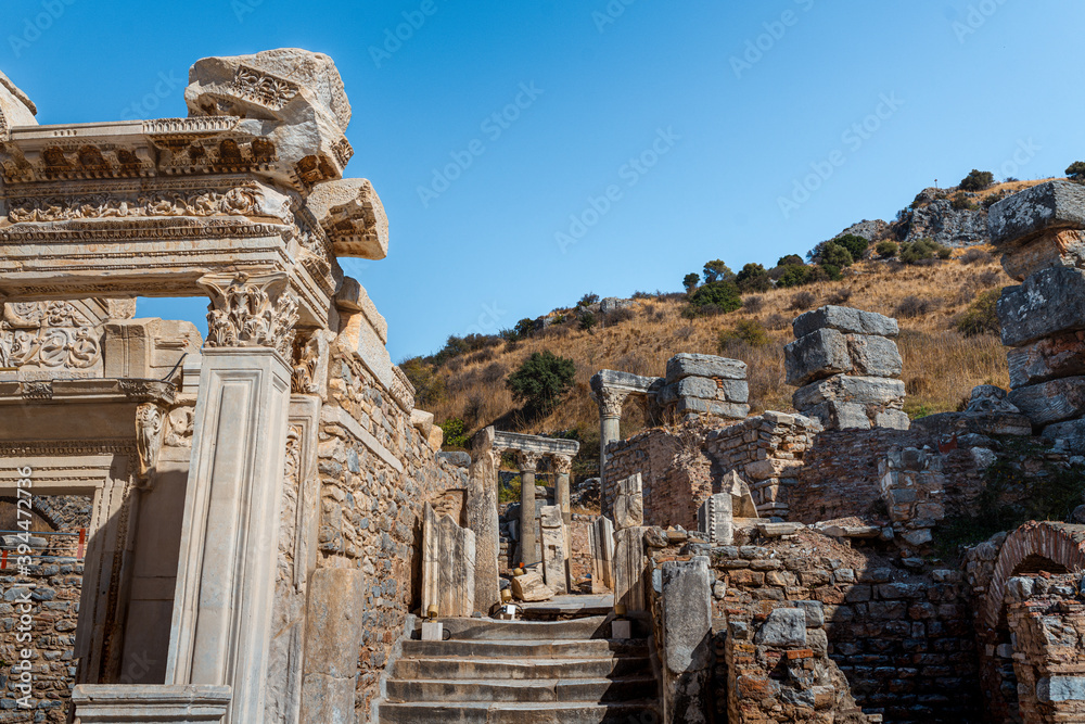 Ancient city Ephesus (Efesus) in Turkey. Ruins in the ancient Greek city Ephesus  on the coast of Ionia sea in Selchuk, Izmir Province, Turkey at summer day