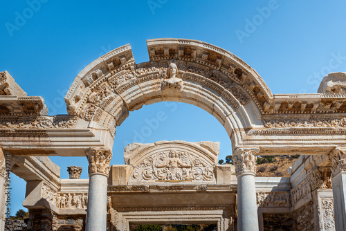 Ancient city Ephesus (Efesus) in Turkey. Ruins in the ancient Greek city Ephesus  on the coast of Ionia sea in Selchuk, Izmir Province, Turkey at summer day photo