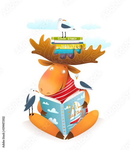 Moose or elk character reading book about sailing with bookshelf on his antlers and seagulls friends. Study and education character design, vector illustration for children.