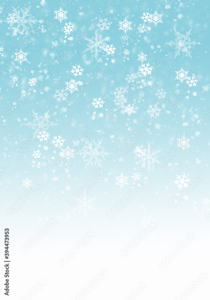 Snow background. Blue Christmas snowfall with defocused flakes. Winter concept with falling snow. Holiday texture and white snowflakes.