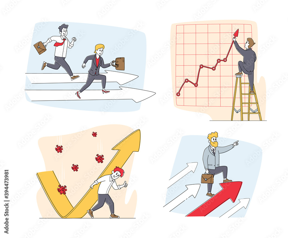 Set of Businesspeople Characters and Growing Arrows. Man and Woman Race Competition, Protecting of Covid Cells Attack Set of Businesspeople Characters and Growing Arrows. Man and Woman Race Competition, Protecting of Covid Cells Attack