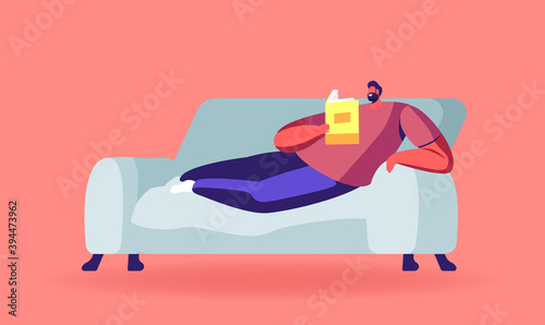 Education or Reading Hobby Concept. Relaxed Man Read Book Lying on Couch. Student Prepare to Exam, Back to School
