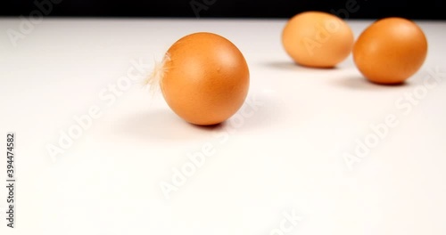 chicken eggs of brown color with a feather on a white table