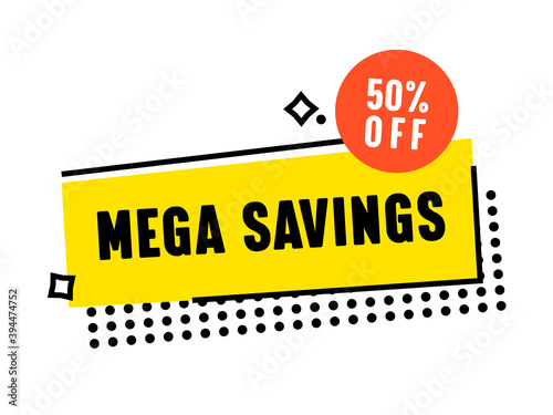 Mega Savings Creative Banner with Geometric Shapes, Dots, Off Percent Sign. Sale, Cashback Offer Label with Typography