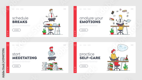 Business People Characters Yoga Meditation Soar in Air Landing Page Template Set. Office Workers Meditating at Workplace