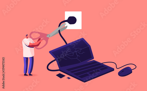 Tiny Male Character Cut Wire of Huge Laptop with Broken Screen Lying on Floor with Splinters. Man with Smashed Gadget