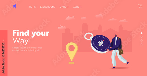 Geolocation Gps Navigation Landing Page Template. Tiny Male Character with Huge Compass Orienteering. Man Searching Way
