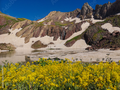 View of a lake in mountains. Hakkari cilo sat lakes, snowy mountains and natural scenery
 photo