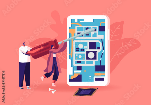 Tiny Male and Female Characters with Huge Screwdriver Fixing or Assembling Smartphone Concept. People Repair Giant Phone