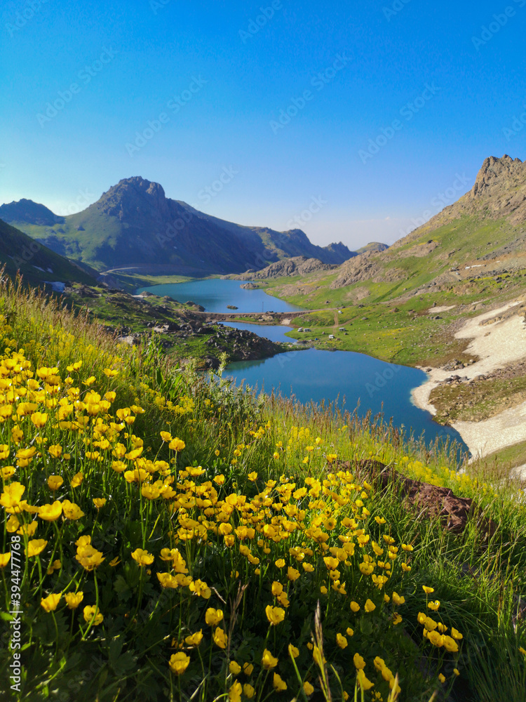 View of a lake in mountains. Hakkari cilo sat lakes, snowy mountains and natural scenery
