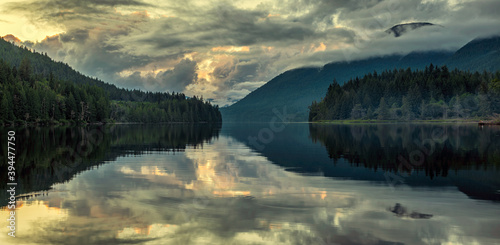 Dramatic clouds over still lake with reflection and trees in distance.