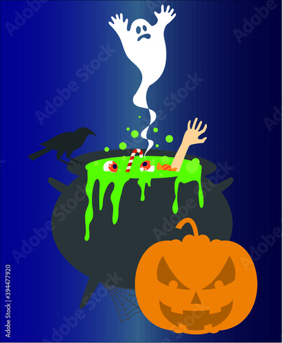 witch cauldron with spider, candy, pumpkin, ghost, scary eyes and arm for halloween.


