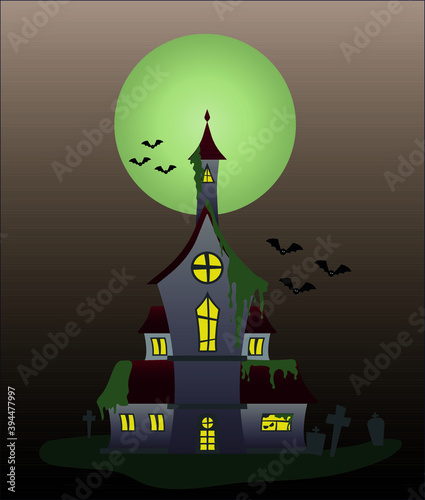 halloween castle at midnight with shine moon, bats and cemetery.