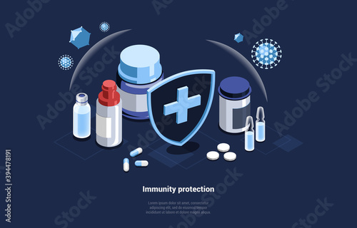 Medicines For Immunity Protection, Conceptual Vector Art On Dark Background. Isometric Illustration In Cartoon 3D Style With Writings. Different Medical Supplies And Hospital Shield, Viruses Outside