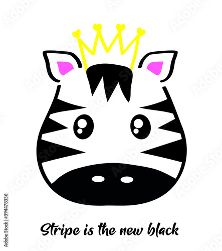 basic zebra face vector illustration on pink background. cute zebra wear a crown. stripe is the new black slogan.