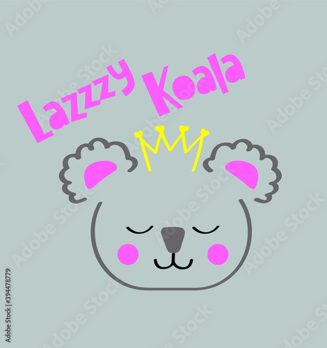 basic koala face vector illustration on grey background. cute koala wear a crown. lazy koala slogan.