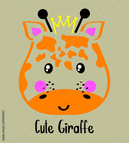 basic giraffe face vector illustration on beige background. cute giraffe wear a crown. cute giraffe slogan.