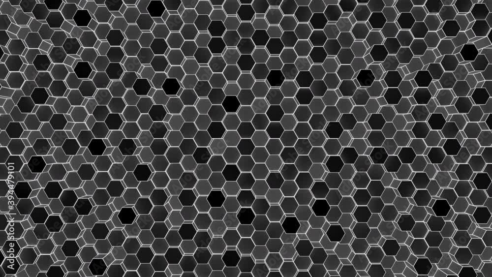 Moving grey and black hexagonal shapes futuristic hi-tech pattern, looping abstract motion background