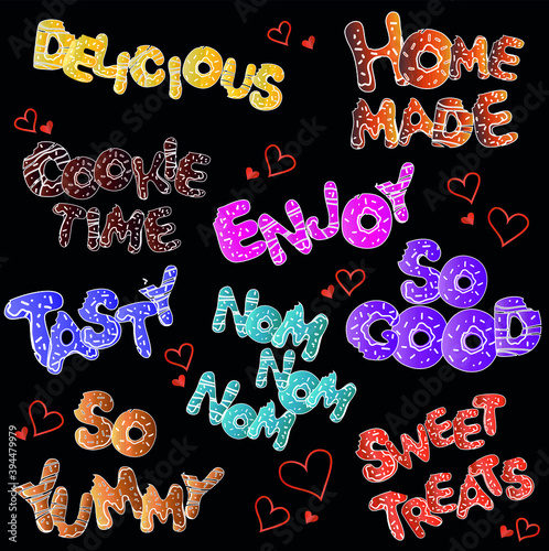 The cooking lettering designs for print and web projects. Modern calligraphy. Cookie time, tasty, delicious, sweet treats, so yummy, so good, enjoy, home made, nom nom nom.